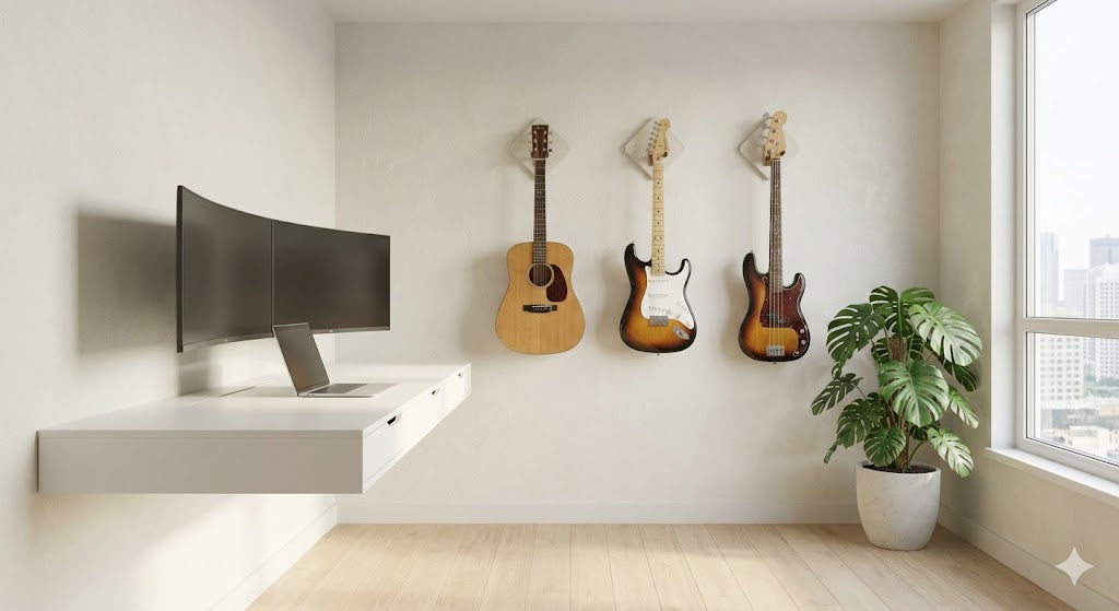 Modern room with three guitars wall-mounted above a desk, next to a large window and plant