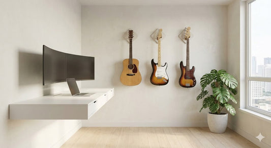 Modern room with three guitars wall-mounted above a desk, next to a large window and plant